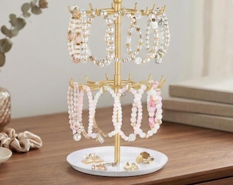 Gold Rotating Bracelet Holder Stand, 2 Tier Jewelry Organizer, Metal Display Rack