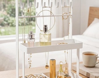 4-Tier Jewelry Organizer Stand, 12-Hook Necklace Holder, Bracelet Ring & Sunglasses Rack, Cute Metal Jewelry Storage for Vanity