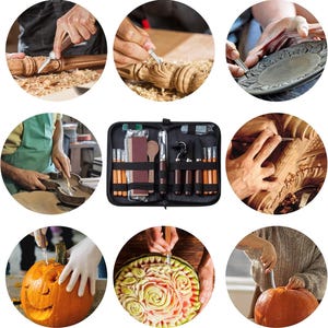 May include: A black zippered case containing a wood carving tool set. The set includes various chisels, knives, and other tools with wooden handles. The image also shows wood carving in progress on wood and pumpkins.