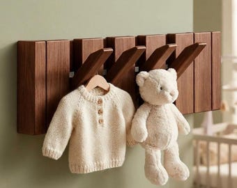 Perchero con forma de tecla de piano, colgador de madera de pared con 4 ganchos magnéticos abatibles, acabado en nogal, organizador de entrada para abrigos, sombreros y bolsos.
