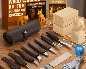 Beginner Wood Carving Kit, Whittling Spoon Tools, Safety Gloves, Wood Blocks, Roll Bag