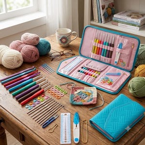 May include: A comprehensive crochet kit featuring a teal zippered organizer case, various colorful aluminum and steel crochet hooks, plastic stitch markers, a white plastic ruler, a seam ripper, and a metal safety pin, alongside several yarn balls.