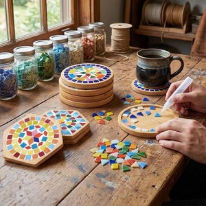4 Set DIY Glass Mosaic Tile Kit with Wooden Coasters, Mixed Color Arts & Crafts for Adults, Handmade Home Decor, Birthday and Christmas Gift