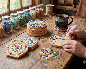 4 Set DIY Glass Mosaic Tile Kit with Wooden Coasters, Mixed Color Arts & Crafts for Adults, Handmade Home Decor, Birthday and Christmas Gift