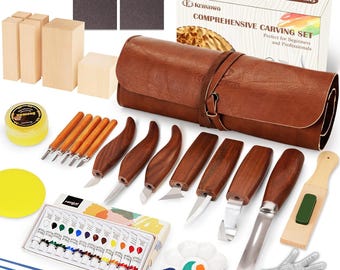 46PCS Wood Carving Kit with 6 Whittling Knives, 5 Detail Carving Knives, 12 Color Paint Set and Beeswax, DIY Woodworking Tools for Beginners