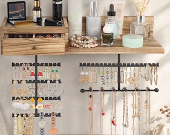 Wall Mounted Jewelry Organizer with Rustic Wood Drawer, Hanging Necklace, Earring Holder, Bracelet,Ring Storage Shelf, Farmhouse