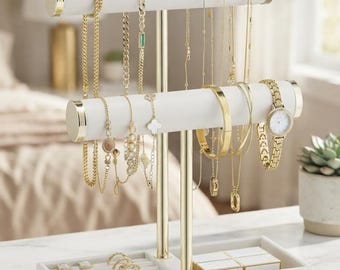 2 Tier White Leather Bracelet Holder with Tray, Jewelry Organizer Stand for Necklaces, Watches, Earrings, Bangles, Valentine's Gift for Her
