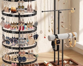 5 Tier Rotating Earring Holder Organizer with 3 Tier Necklace Stand, Wooden Base Jewelry Display for Stud Earrings, Bracelets, Accessories