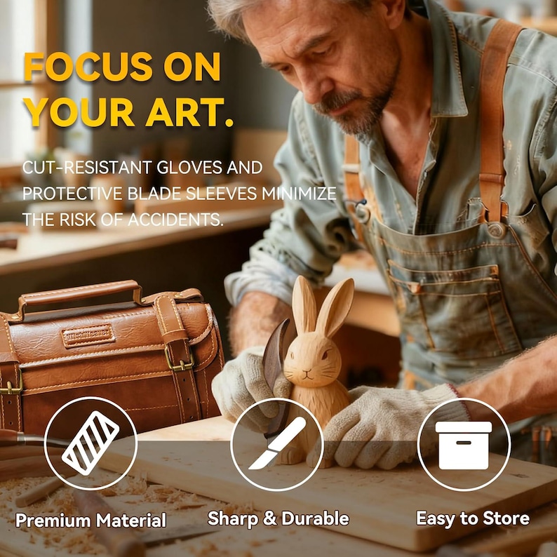 Puede incluir: Un bolso de herramientas de cuero marr&oacute;n con hebillas junto a una figura de conejo tallada en madera. El texto dice: FOCUS ON YOUR ART. CUT-RESISTANT GLOVES AND PROTECTIVE BLADE SLEEVES MINIMIZE THE RISK OF ACCIDENTS. Iconos muestran material y almacenamiento.