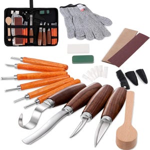 May include: A wood carving set with various tools, including knives with wooden handles, a spoon, and a protective glove. The set also includes sharpening stones, sandpaper, and a carrying case. The tools have stainless steel blades.