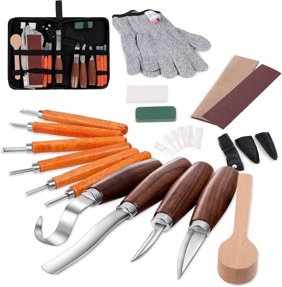 Wood Carving Tools Set 10pcs, Spoon Bowl Cup Whittling Tools with Round Handle Design, SK2 Carbon Steel Knives Kit for Beginners,