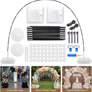 May include: A balloon arch kit with a black metal frame, white base stands, and various accessories. Includes connectors, ground stakes, and a hand pump. The kit is designed for event decorations, with examples for a corporate gala, garden party, and wedding reception.