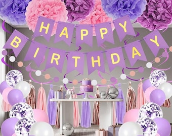 Purple & Pink Birthday Party Decorations for Girls Women, Happy Birthday Banner, Balloons, Pom Poms, Tassel Garland and Hanging Swirls Decor