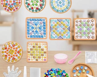 10 Set DIY Glass Mosaic Coaster Kit with Bamboo Coasters, Mixed Color Mosaic Tiles for Adults, Handmade Home Decor Arts and Crafts Gift Set