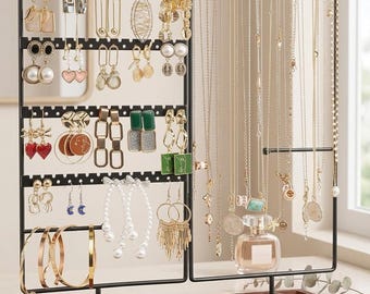 6 Tier Jewelry Organizer Stand with Earring Holder, Necklace Display Tree, Bracelet Storage Rack and Removable Wooden Ring Tray for Women