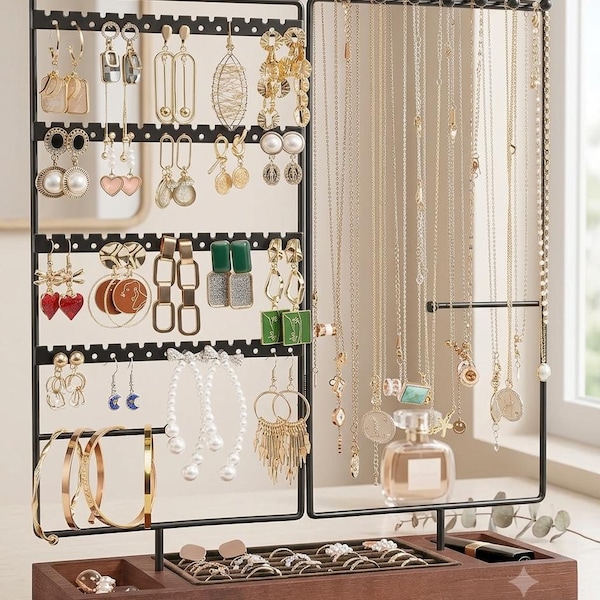 6 Tier Jewelry Organizer Stand with Earring Holder, Necklace Display Tree, Bracelet Storage Rack and Removable Wooden Ring Tray for Women