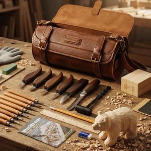Puede incluir: Una bolsa de herramientas de cuero marr&oacute;n con hebillas de lat&oacute;n y el texto WishWeaver, acompa&ntilde;ada de un juego de cuchillos para tallar madera con mangos de madera, un mazo de madera, una figura de oso de madera, un l&aacute;piz, una regla y un folleto.