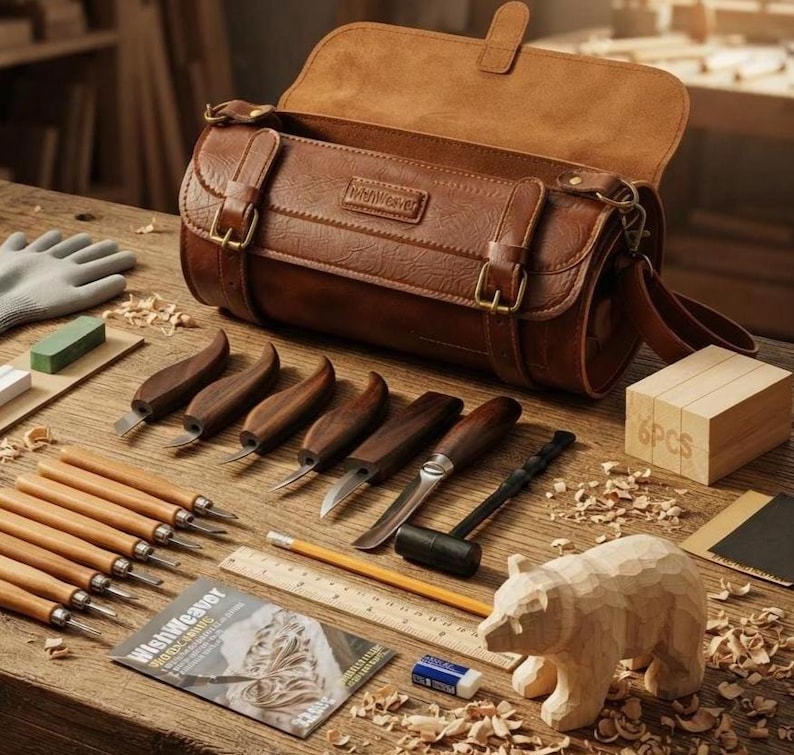 Puede incluir: Una bolsa de herramientas de cuero marr&oacute;n con hebillas de lat&oacute;n y el texto WishWeaver, acompa&ntilde;ada de un juego de cuchillos para tallar madera con mangos de madera, un mazo de madera, una figura de oso de madera, un l&aacute;piz, una regla y un folleto.