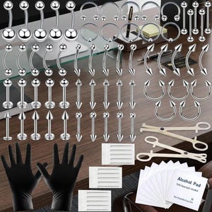 84PCS Body Piercing Kit 14G 16G Nose Septum Tongue Lip Ear Eyebrow Belly Button Cartilage Tragus Helix Daith Jewelry Tools Clamps StarterKit