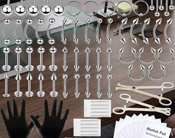 84PCS Body Piercing Kit 14G 16G Nose Septum Tongue Lip Ear Eyebrow Belly Button Cartilage Tragus Helix Daith Jewelry Tools Clamps StarterKit