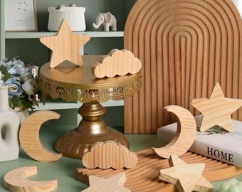 Wooden Moon Star Cloud Cutouts, Unfinished Pine Wood Shapes for DIY Painting, Boho Tiered Tray Decor, Nursery and Home Crafts
