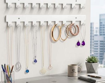2 Pack Wall Mounted Necklace Holder, White Acrylic Hanging Jewelry Organizer, Tangle-Free Display
