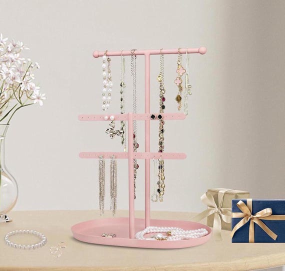 2-Tier Jewelry Holder Organizer Stand, Black Display Storage Rack for Earrings Necklaces Rings with Tray, Spacious Durable Easy Assembly