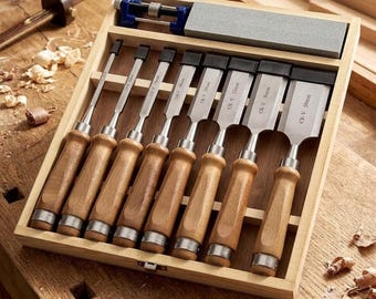 10PCS Wood Chisel Set with CR-V Steel Blades, 1/4"–2" Woodworking Chisels, Sharpening Stone, Honing Guide and  Wooden Storage Box