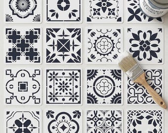 16 Pack Portuguese Tile Stencils, 8x8 Inch Reusable Mosaic Floral Painting Templates