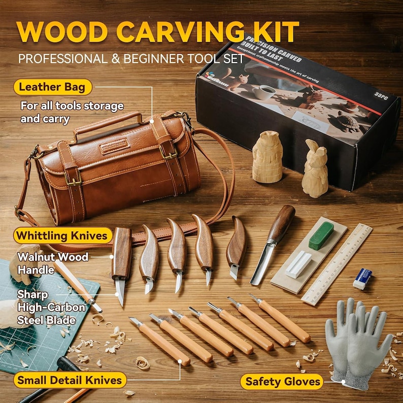 Puede incluir: Un kit de tallado en madera que incluye una bolsa de cuero marr&oacute;n, una caja negra con la etiqueta WOOD CARVING KIT y varias herramientas como cuchillos con mangos de nogal, cuchillos de detalle, guantes de seguridad y piedras de afilar.