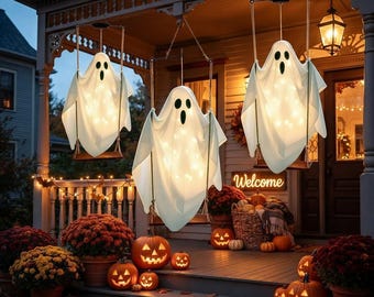 Decoraciones de Halloween con forma de fantasmas colgantes, paquete de 2 fantasmas solares con luces de cadena, decoración espeluznante para exteriores, patio, jardín, porche y casa embrujada.
