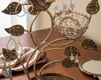 14 Inch Bronze Tree Jewelry Stand with Bird Nest Tray, Earring Holder, Necklace and Bracelet Organizer, Ring Display Tower for Vanity Decor