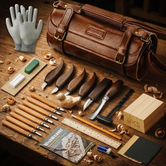 33PCS Wood Carving Kit with Leather Storage Bag, 6 Whittling Knives, 8 Chisels 6 Basswood Blocks, DIY Woodworking Set for Beginners Gifts