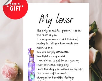 May include: A white card with a handwritten message about love. The card features a small glass bottle with glitter and a purple flower inside. The text on the card reads "My lover" and includes a poem about love and appreciation.