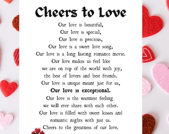 May include: A romantic poem about love, written in black text on a white background. The poem is surrounded by red and pink hearts.