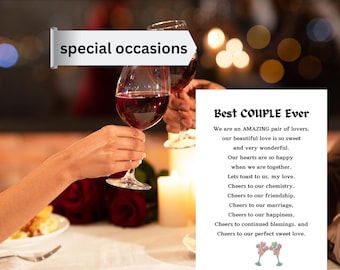 May include: A couple toasts with red wine glasses. The card reads "Best Couple Ever" and includes a poem about love, friendship, and happiness.
