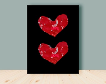 May include: Two red hearts with the word "LOVE" written inside, on a black background.
