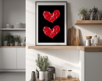 May include: A black and white print of two red hearts on a black background. The hearts are slightly overlapping and are in a vertical orientation.