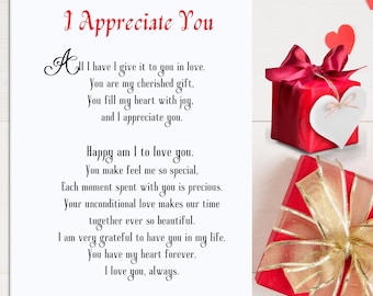 May include: A white card with a red heart and the text "I Appreciate You" and a poem expressing appreciation. The card is surrounded by two red gift boxes with gold ribbon.