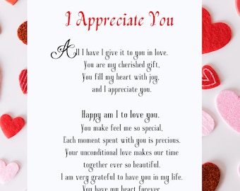 May include: A white card with a red heart border and the text "I Appreciate You" in red. The card has a poem about love and appreciation written in black.