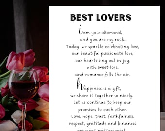 May include: A romantic image with a glass of red wine and red roses on a table. The text reads "Best Lovers" and includes a poem about love, romance, and happiness.