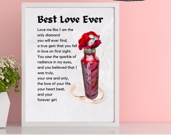 May include: A white framed print with a red rose and gold rings on a white background. The text reads "Best Love Ever" and includes a poem about love.