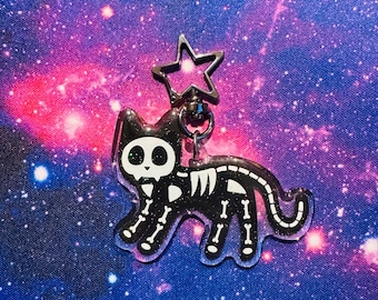 Skele-kitty Glitter Charm Keychain