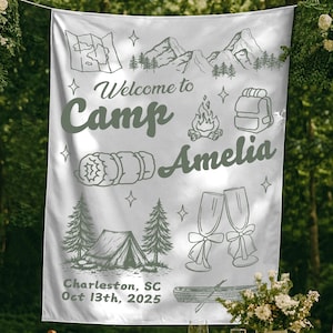 Custom Camp Bach Tapestry Personalized Camping Bachelorette Banner Decor Girls Weekend Backdrop Lake Bach Camp Birthday Party Welcome Sign