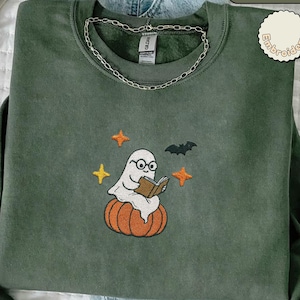 Embroidered Ghost Reading Books Sweatshirt, Ghost Book T-Shirt, Fall Book Club Crewneck, Book Lover sweatshirt, Cute Halloween shirt