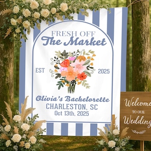 Kundenspezifisches frisches weg vom Markt mein Banner-Zeichen, Blumen Junggesellinnenabschieds-Party-Dekor-Tapisserie, Zitrus-Brautdusche-Brunch-hängender Hintergrund Photobooth