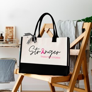 Cancer Support Tote Bag, Stronger Than The Storm Canvas Tote Bag, Pink Ribbon Advocacy Gifts, Cancer Warrior Gifts,  Cancer Figther Gifts