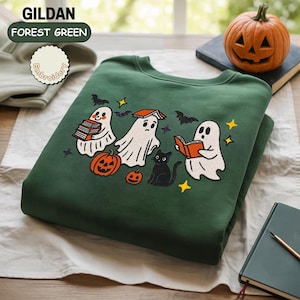 Embroidered Cute Ghost Sweatshirt, Halloween Sweatshirt, Coffee Lover Halloween Sweater, Ghost Reading Books Halloween Shirt, Spooky Season