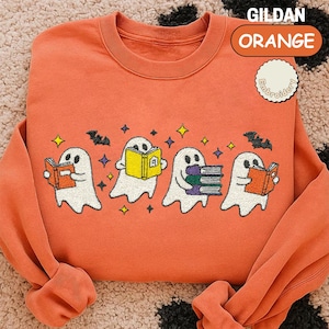 Ghost Reading Sweatshirt, Halloween Sweatshirt, Embroidered Ghost, Ghost Reading Books, Fall Crew, Halloween Embroidery, Ghost Book Sweater