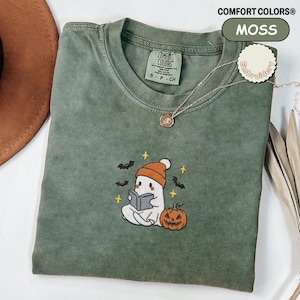 Embroidered Ghost Reading Books T-Shirt, Ghost Book Sweatshirt, Fall Book Club Crewneck, Book Lover sweatshirt, Cute Halloween shirt